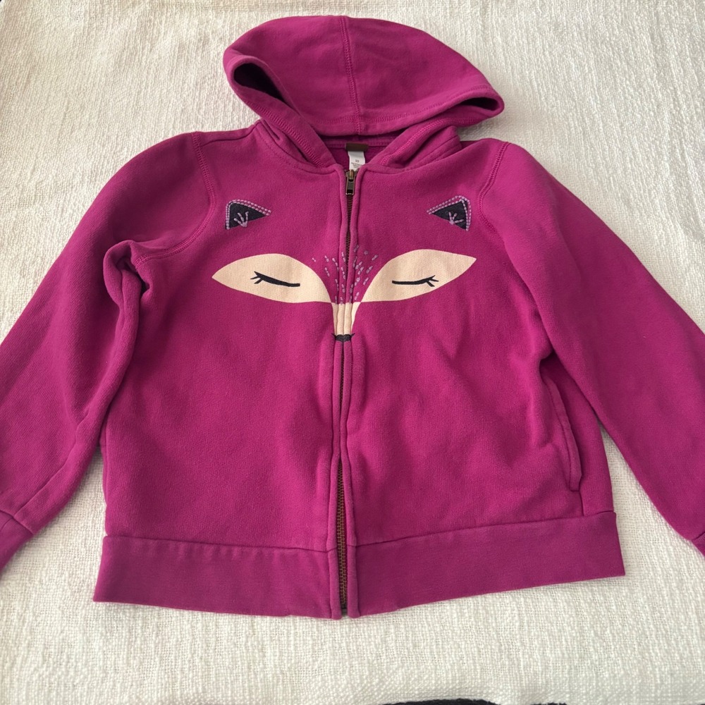 Tea Collection Kids Fox Face Zip Up Hoodie Magenta Purple Sweatshirt Size 10